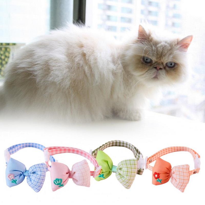 1 gab. Regulējama kaķa apkakles sprādzes dizains ar ziedu izšuvumu mājdzīvnieka kakla aplis mājdzīvnieka kaķa suņu rūtainu rūtu apdruka Bowknot kaklasiksna mājdzīvnieku piederumi