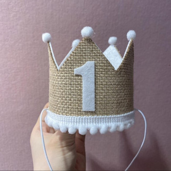Декорация на главата за парти за 1-ви рожден ден от чул Корона от ленен филц Шапка с корона