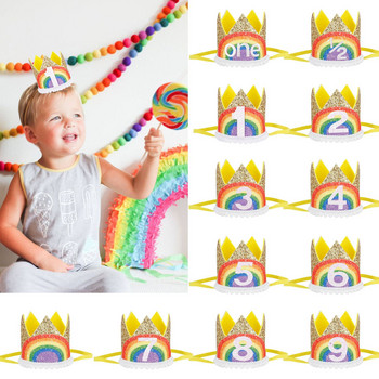 0-9 Καπέλα Rainbow Birthday Crown Party Boy Girl Kids One Year Princess Crown Headband Baby Shower 1st Birthday Decor Party