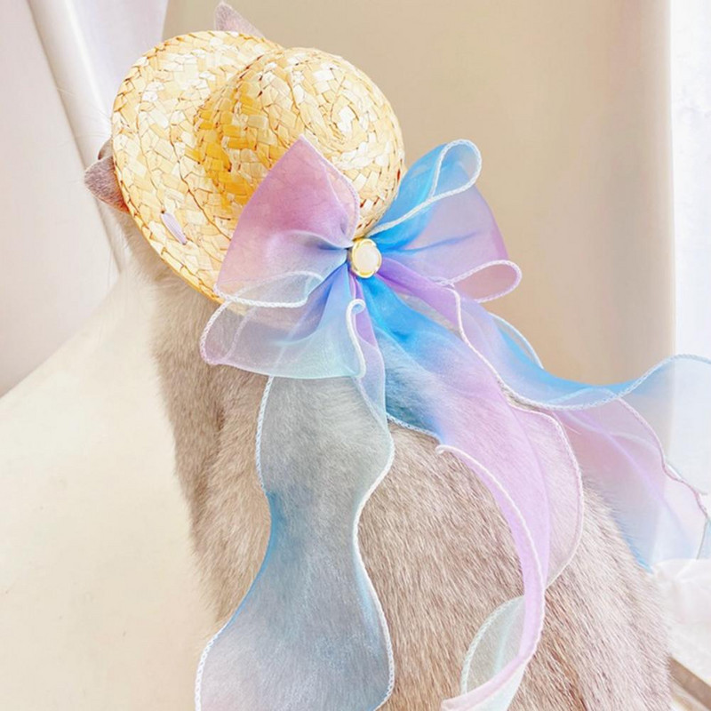 Macskakalap Macska szalmakalap kisállat fejfedő műgyöngy dizájn színes szalag, allergiamentes, bőrbarát kopásálló dekoratív könnyedségek