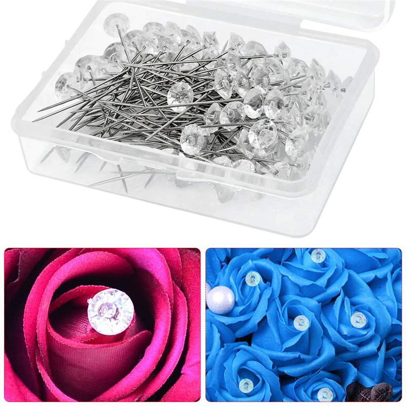 MIUSIE 3 Izmērs, 100/40/20 gab. Dzirkstošās dimanta piespraudes, kristāla galvas gala kāzu korsāžas Boutonniere ziedu pušķu piespraudes ar kastīti