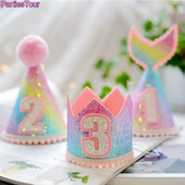 Krāsaina varavīksnes kroņa cepure 1-3 th Kids Fishtail Cepure ar virvi Daudz laimes dzimšanas dienā Galvas saite Nāriņas ballītes dekora papīra cepure