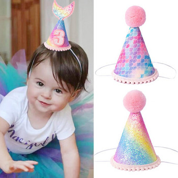 Цветна шапка с корона на дъгата 1-3-то детско бебешко шапка с рибена опашка с въже Честит рожден ден Лента за глава Русалка Парти Декор Хартиена шапка