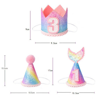 Πολύχρωμο καπέλο Rainbow Crown 1-3 th Kids Baby Shower Fishtail Καπέλο με σχοινί Χρόνια πολλά Headband Mermaid Party Decor Χάρτινο καπέλο