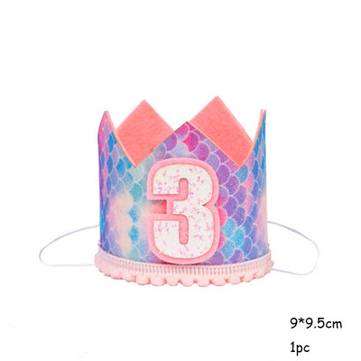 Krāsaina varavīksnes kroņa cepure 1-3 th Kids Fishtail Cepure ar virvi Daudz laimes dzimšanas dienā Galvas saite Nāriņas ballītes dekora papīra cepure