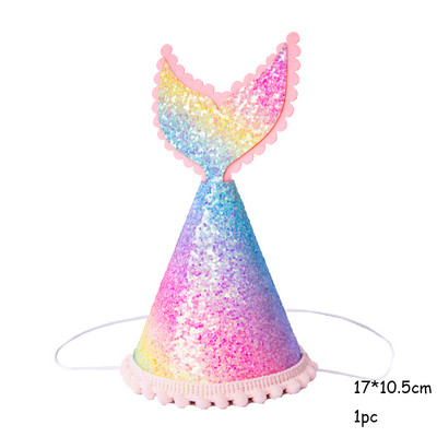 Krāsaina varavīksnes kroņa cepure 1-3 th Kids Fishtail Cepure ar virvi Daudz laimes dzimšanas dienā Galvas saite Nāriņas ballītes dekora papīra cepure