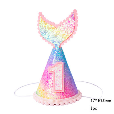 Krāsaina varavīksnes kroņa cepure 1-3 th Kids Fishtail Cepure ar virvi Daudz laimes dzimšanas dienā Galvas saite Nāriņas ballītes dekora papīra cepure