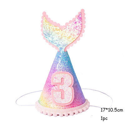 Krāsaina varavīksnes kroņa cepure 1-3 th Kids Fishtail Cepure ar virvi Daudz laimes dzimšanas dienā Galvas saite Nāriņas ballītes dekora papīra cepure