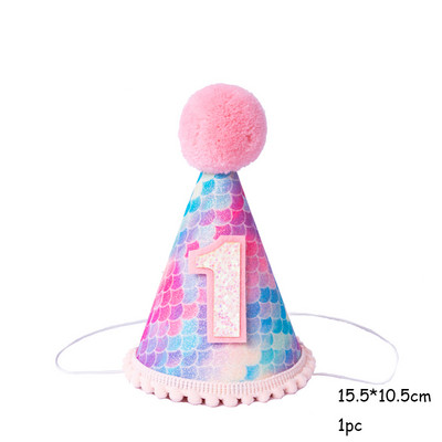 Krāsaina varavīksnes kroņa cepure 1-3 th Kids Fishtail Cepure ar virvi Daudz laimes dzimšanas dienā Galvas saite Nāriņas ballītes dekora papīra cepure