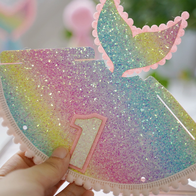 Krāsaina varavīksnes kroņa cepure 1-3 th Kids Fishtail Cepure ar virvi Daudz laimes dzimšanas dienā Galvas saite Nāriņas ballītes dekora papīra cepure