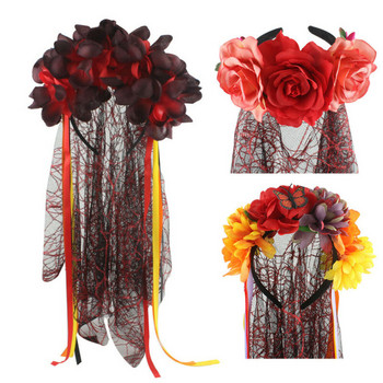 Fariy Women Girls Veil Corpse Bride Roses Flower Mexican Hairband Headband Halloween Fancy Dress Party Costumes