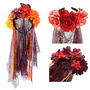 Fariy Women Girls Veal Corpse Bride Roses Flower Мексиканска лента за коса лента за глава Halloween Fancy Dress Аксесоар за парти костюм