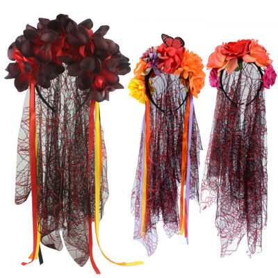 Fariy Women Girls Veal Corpse Bride Roses Flower Мексиканска лента за коса лента за глава Halloween Fancy Dress Аксесоар за парти костюм