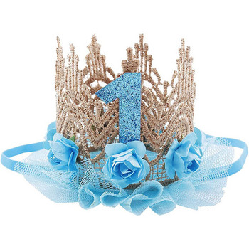 Pink Gold Rose Lace Mesh Crown Princess Birthday Party Шапка на една година с пайети Crown Kids Girls Happy 1st Birthday Party Decor