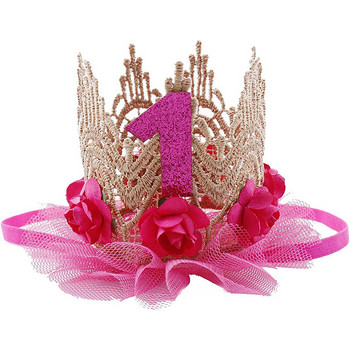 Ροζ χρυσό τριαντάφυλλο πλέγμα κορώνα πριγκίπισσας για πάρτι γενεθλίων καπέλο ενός έτους με παγιέτες κορώνα Παιδικά κορίτσια Happy 1st Birthday Διακόσμηση πάρτι
