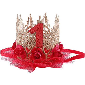 Pink Gold Rose Lace Mesh Crown Princess Birthday Party Шапка на една година с пайети Crown Kids Girls Happy 1st Birthday Party Decor