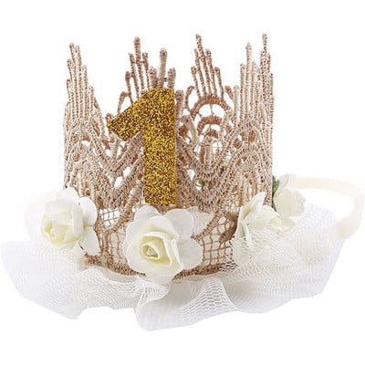 Pink Gold Rose Lace Mesh Crown Princess Birthday Party Шапка на една година с пайети Crown Kids Girls Happy 1st Birthday Party Decor