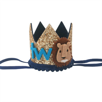 1 τεμ Jungle Safari Lion One TWO Crown Happy Birthday Hat Headband Hairband Photo Props Baby Shower 1st Birthday Party Διακόσμηση