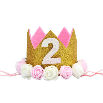 Шапка за 2-ри рожден ден на бебе Синя розова корона с цветя Декорации за честит рожден ден Парти за деца Сувенири за парти Baby Shower Консумативи за парти