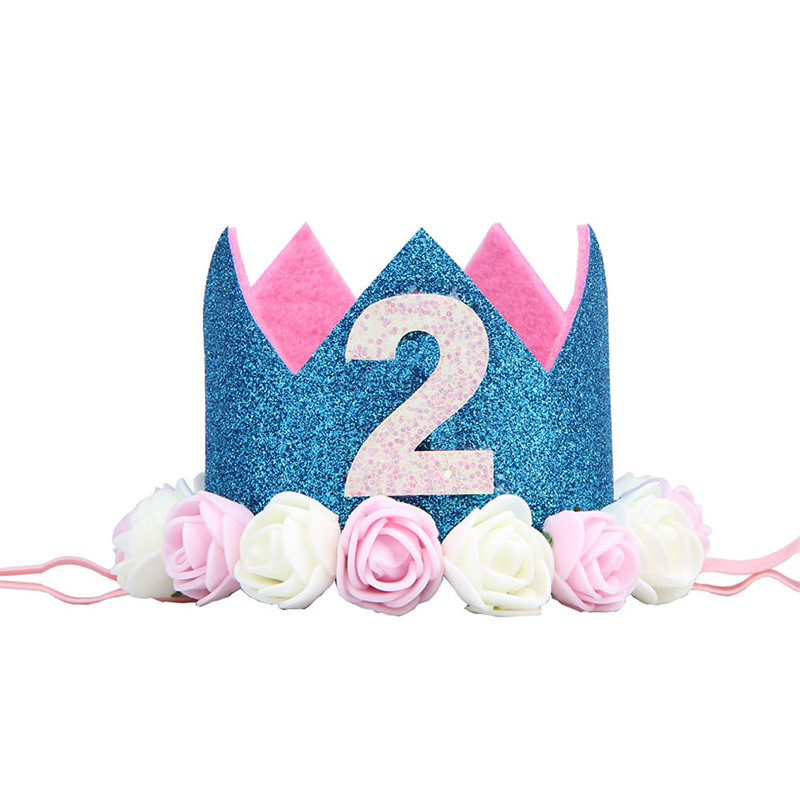 Baba 2. születésnapi sapka Kék rózsaszín virágos korona Boldog születésnapi parti díszek gyerekbuli kedvencek Babazuhany parti kellékek
