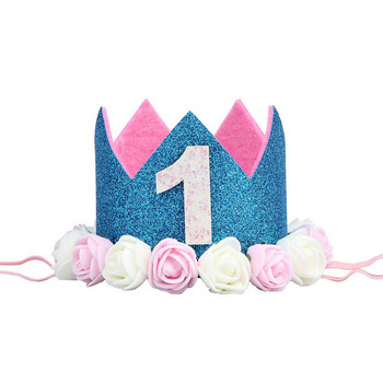 Шапки за парти за 1-ви рожден ден на бебе Синя розова корона с цветя Моят първи декорации за парти за рожден ден Деца Декорация за рожден ден на 1 година Baby Shower