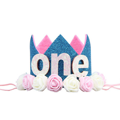 Mazuļa 1. dzimšanas dienas ballītes cepures Zila rozā ziedu kronis Mana pirmās dzimšanas dienas ballītes rotājumi Bērniem 1 gadu dzimšanas dienas dekors Bērnu duša