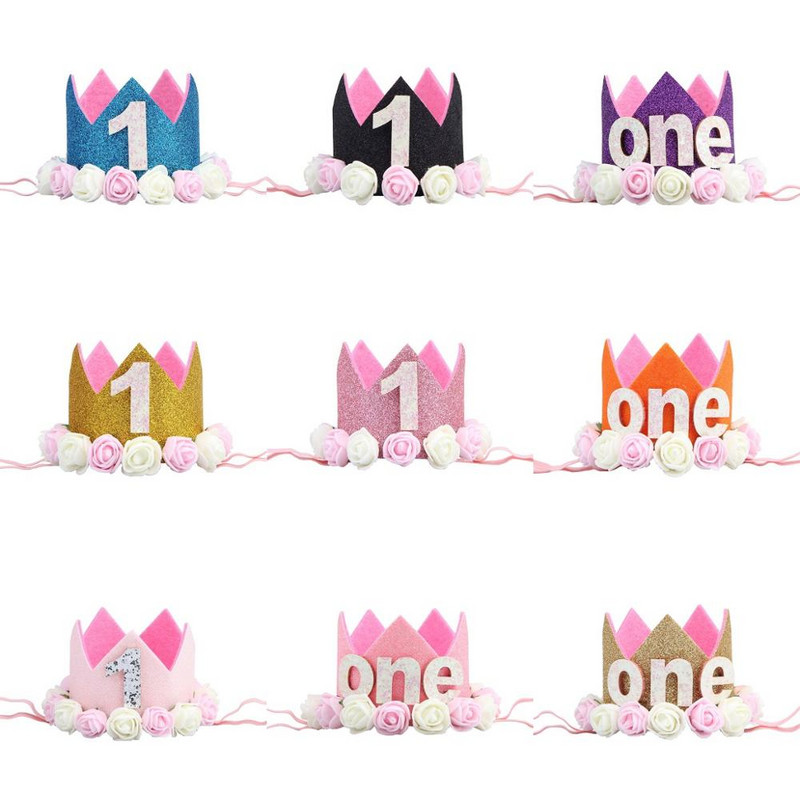 Mazuļa 1. dzimšanas dienas ballītes cepures Zila rozā ziedu kronis Mana pirmās dzimšanas dienas ballītes rotājumi Bērniem 1 gadu dzimšanas dienas dekors Bērnu duša