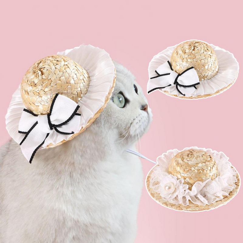 Mājdzīvnieku salmu cepure kaķu suņu galvassegas fotografēšanas rekvizīti Jauki, lieli loki, mežģīņu ziedu galvassegas Eleganta stila kleita, regulējama vasara