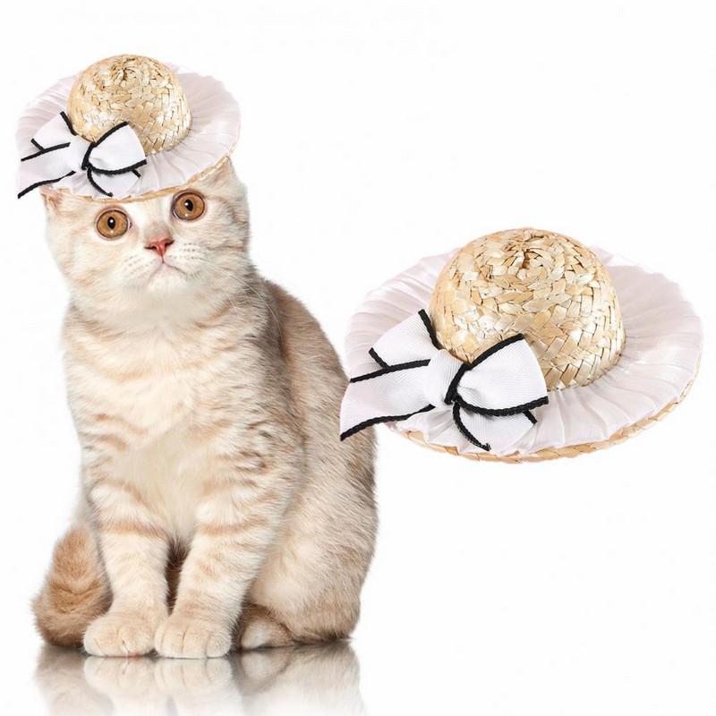 Mājdzīvnieku salmu cepure kaķu suņu galvassegas fotografēšanas rekvizīti Jauki, lieli loki, mežģīņu ziedu galvassegas Eleganta stila kleita, regulējama vasara