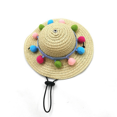 Vasaras mājdzīvnieku salmu cepure Regulējama kaķiem Suņiem austa pomponu saulessarga cepure Saules cepure maziem suņiem kaķiem Pludmales ballīšu kostīmu aksesuāri