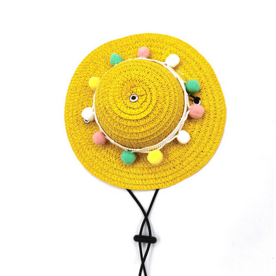 Vasaras mājdzīvnieku salmu cepure Regulējama kaķiem Suņiem austa pomponu saulessarga cepure Saules cepure maziem suņiem kaķiem Pludmales ballīšu kostīmu aksesuāri