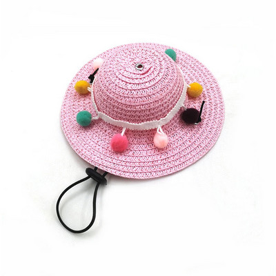 Vasaras mājdzīvnieku salmu cepure Regulējama kaķiem Suņiem austa pomponu saulessarga cepure Saules cepure maziem suņiem kaķiem Pludmales ballīšu kostīmu aksesuāri