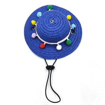 Vasaras mājdzīvnieku salmu cepure Regulējama kaķiem Suņiem austa pomponu saulessarga cepure Saules cepure maziem suņiem kaķiem Pludmales ballīšu kostīmu aksesuāri