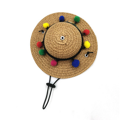 Vasaras mājdzīvnieku salmu cepure Regulējama kaķiem Suņiem austa pomponu saulessarga cepure Saules cepure maziem suņiem kaķiem Pludmales ballīšu kostīmu aksesuāri