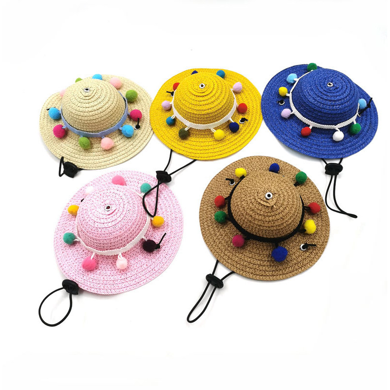 Vasaras mājdzīvnieku salmu cepure Regulējama kaķiem Suņiem austa pomponu saulessarga cepure Saules cepure maziem suņiem kaķiem Pludmales ballīšu kostīmu aksesuāri