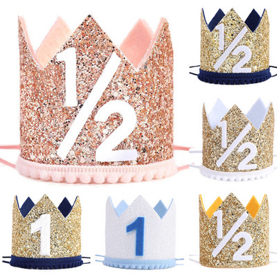 Pălărie de coroană pentru ziua de naștere, 1/2 1-a, decorare pentru petrecere, șepci cu sclipici, bentiță pentru nou-născuți, fete, băieți, pentru decorațiuni pentru baby shower.