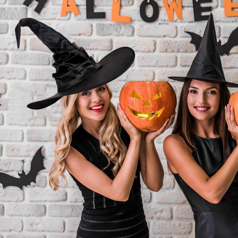 Oxford Fabric Női Fekete Varázsló Kalapok Boszorkányjelmez Fejfedők Lotus Leaf Edge Boszorkánysapkák Party dekoráció Cosplay kiegészítők