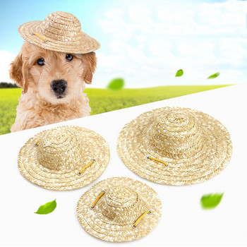 Μόδα Χειροποίητο καπέλο κατοικίδιου σκύλου Ψάθινο καπέλο με ρυθμιζόμενο λουρί Γάτα Καπέλο παραλίας κουτάβι γατάκι υφαντό καπέλο ηλίου Sombrero χαριτωμένα αξεσουάρ για κατοικίδια