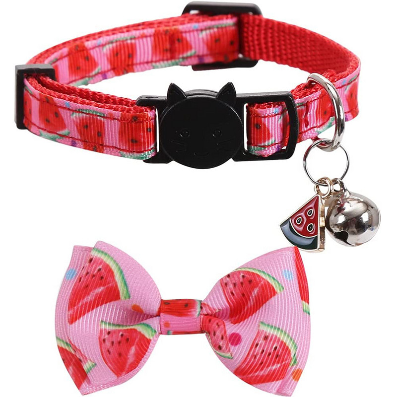 Cat nyakörv, aranyos csokornyakkendővel és csengővel a cicának, állítható biztonsági gyümölcsmintás cicanyakörv kisállat kiskutyáknak