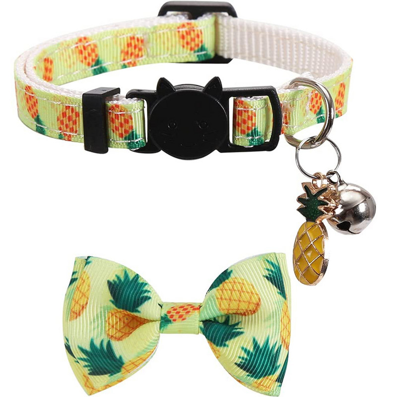 Cat nyakörv, aranyos csokornyakkendővel és csengővel a cicának, állítható biztonsági gyümölcsmintás cicanyakörv kisállat kiskutyáknak