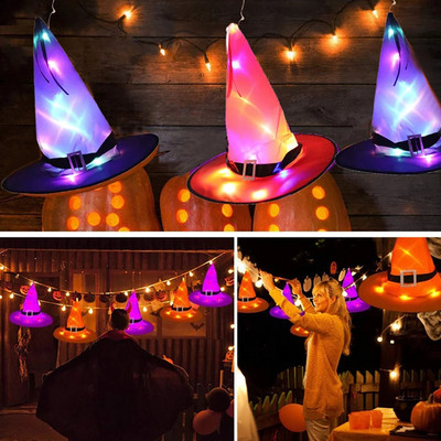 Хелоуин декорация Шапка на вещица LED светлини Хелоуин шапка на вещица за детски парти Декоративни консумативи Външно дърво Висящо украшение