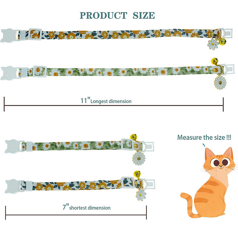 Kokvilnas Breakaway kaķu kaklasiksnas ar zvaniņu margrietiņu kulonu Kitty kaķēnu kaklasiksnas zaļi oranžas kakla siksniņas kaķu meitenēm.
