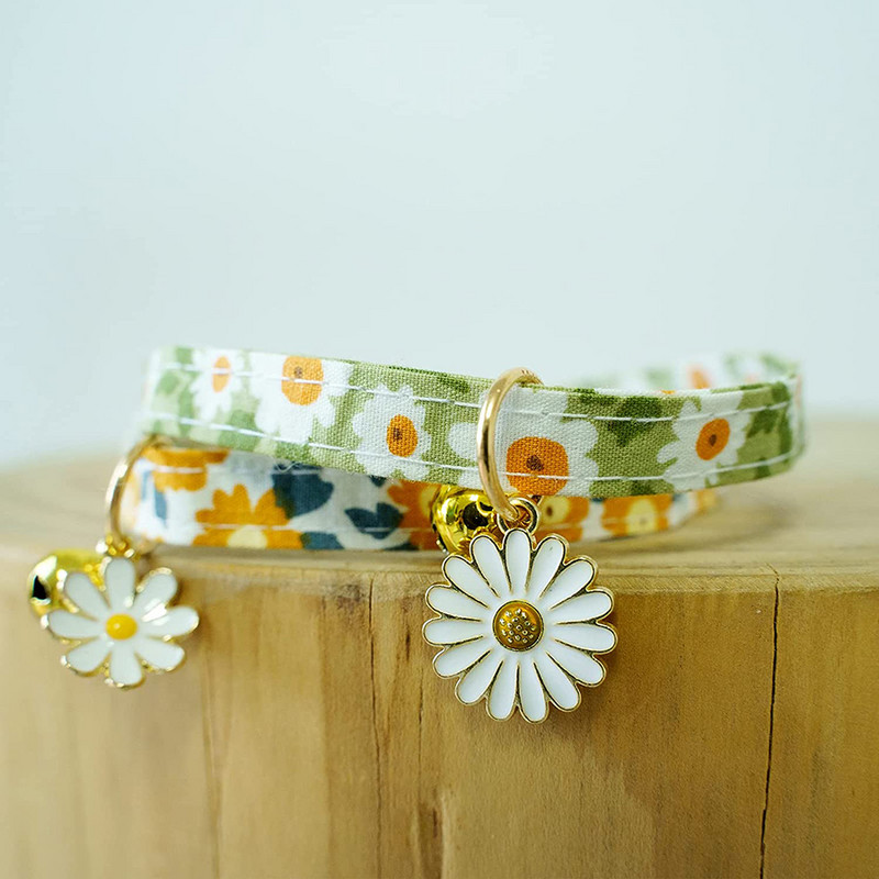 Kokvilnas Breakaway kaķu kaklasiksnas ar zvaniņu margrietiņu kulonu Kitty kaķēnu kaklasiksnas zaļi oranžas kakla siksniņas kaķu meitenēm.