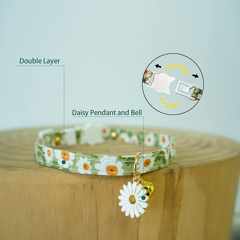 Kokvilnas Breakaway kaķu kaklasiksnas ar zvaniņu margrietiņu kulonu Kitty kaķēnu kaklasiksnas zaļi oranžas kakla siksniņas kaķu meitenēm.