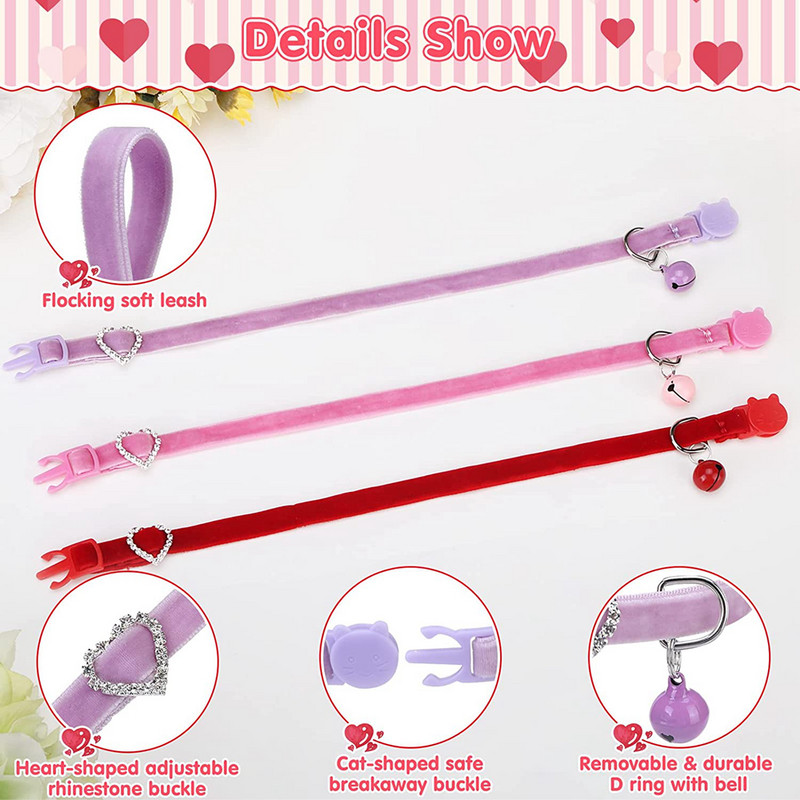 Valentīndienas kaķa kaklasiksna ar zvana rozā mīkstu, plūstošu audumu, regulējamu atdalāmu kaklasiksnu maziem vidēji lieliem kaķiem, suņiem, mājdzīvniekiem