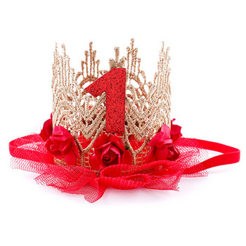 Нова дантелена мрежеста шапка Парти за парти за първия рожден ден на принцеса корона Шапки за 1-ви години Детска шапка за душ на бебе Декорация на лента за глава за рожден ден
