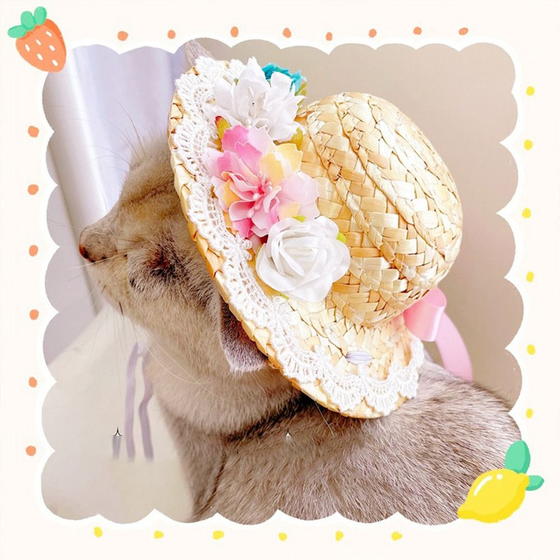 Modes mājdzīvnieku galvassegas Regulējamas mājdzīvnieku preces Mājdzīvnieku lentes Salmu cepure Suņu cepure Rekvizīti Cepure suns Saules cepure