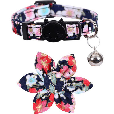 Kaķa kaklasiksna Breakaway ar zvaniņu un jaukiem saulespuķu aksesuāriem japāņu laimīgo ziedu raksta drošības kaķēnu kaklasiksnas mājdzīvniekiem