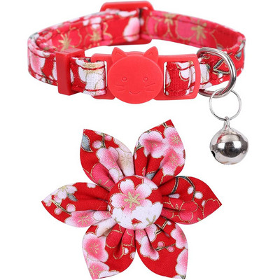 Kaķa kaklasiksna Breakaway ar zvaniņu un jaukiem saulespuķu aksesuāriem japāņu laimīgo ziedu raksta drošības kaķēnu kaklasiksnas mājdzīvniekiem
