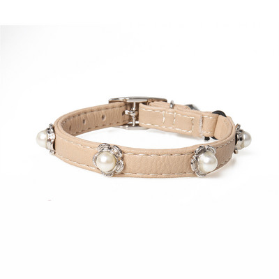 Kaķa kakla siksna ar zvaniņu ādas suņu kakla siksnām Ziemassvētku regulējamas cute pērļu mazas meitenes rotaslietas bēšs S